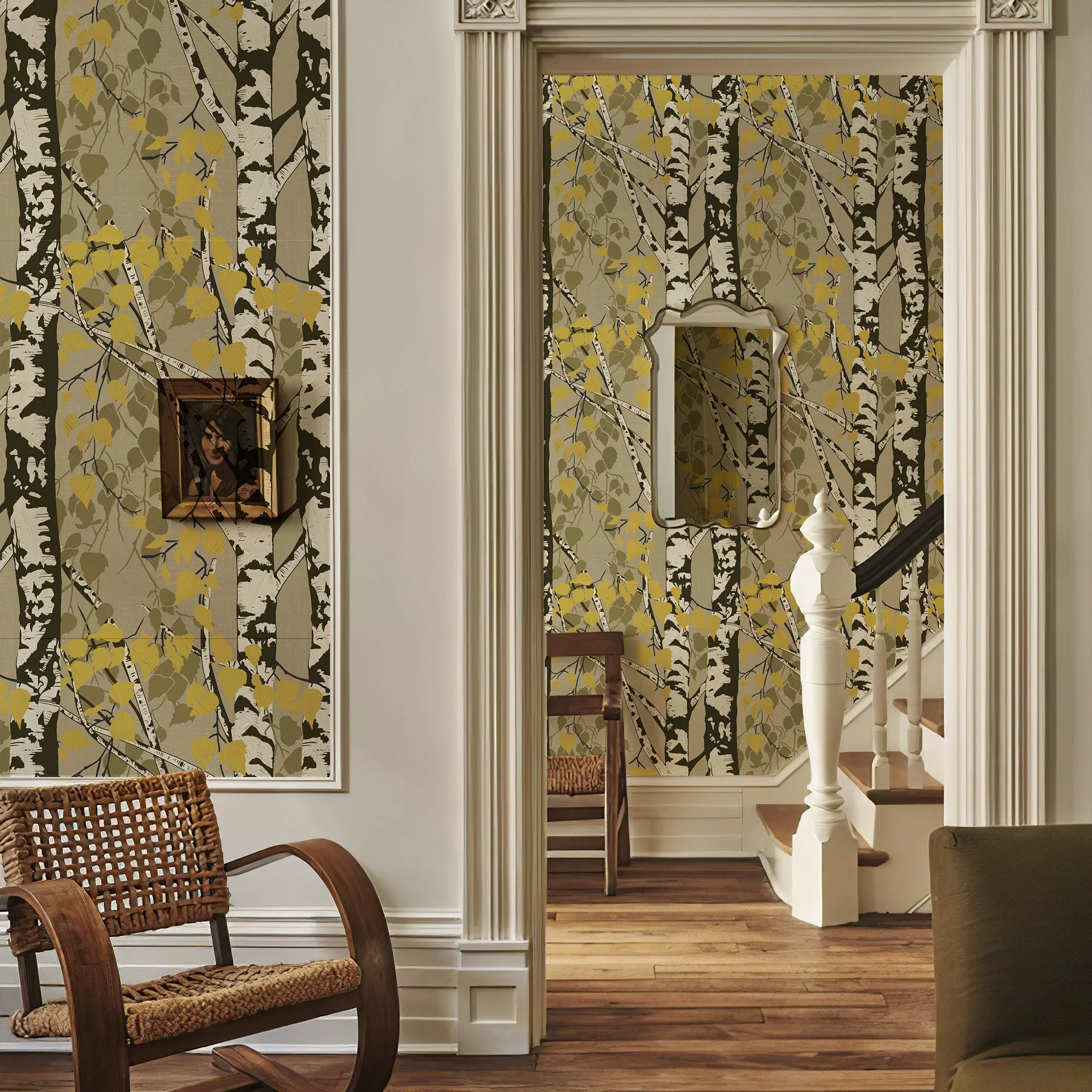 Golden Autumn Birch Forest Wallpaper Self-Adhesive Waterproof Shimmering Fall Leaves Wall Decor for Living Room