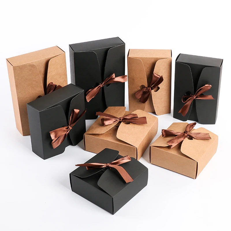 Kraft Paper Gift Box Brown Black Color Rectangular Gift Box With Ribbon For Gift Decoration Food Packaging