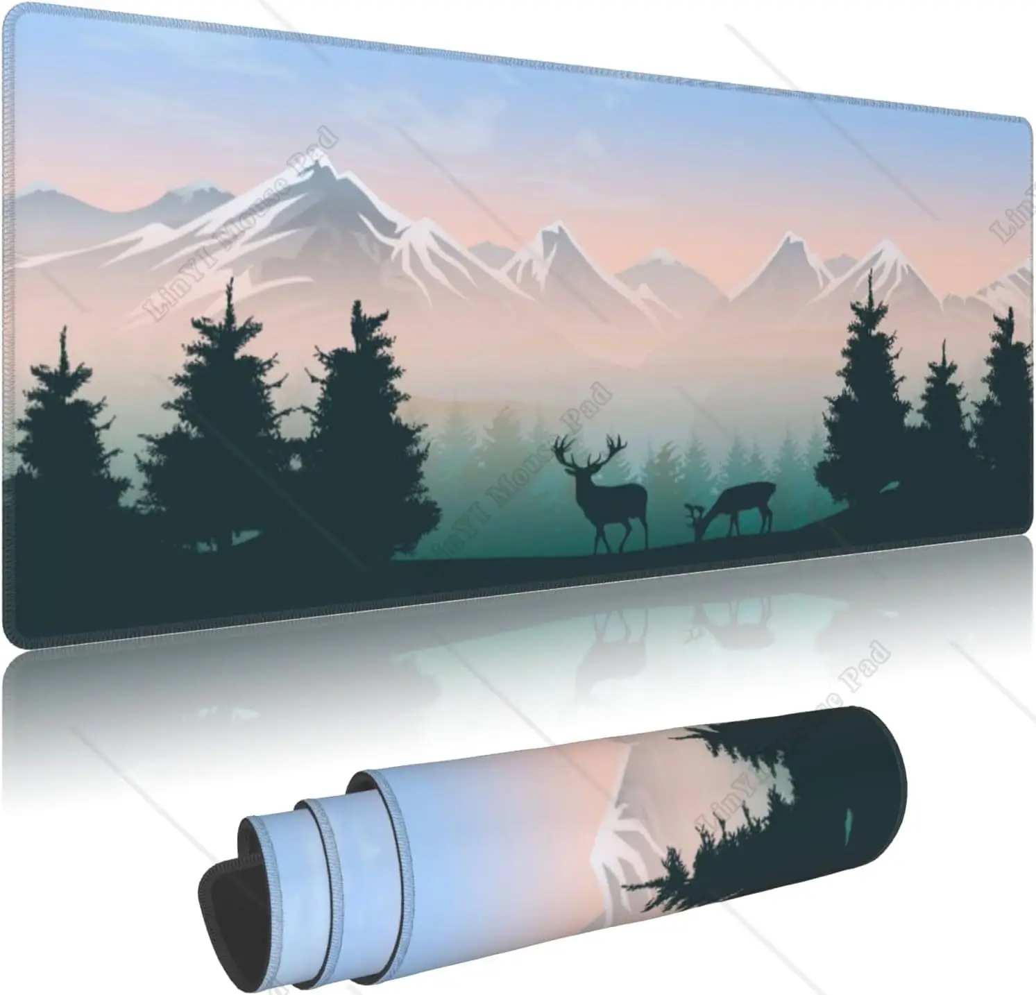 

Misty Forest Deer Mountain Hunting Moose Gaming Mouse Pad XL Large Mousepad with Non Slip Rubber Base for Office 11.8 X 31.5 In