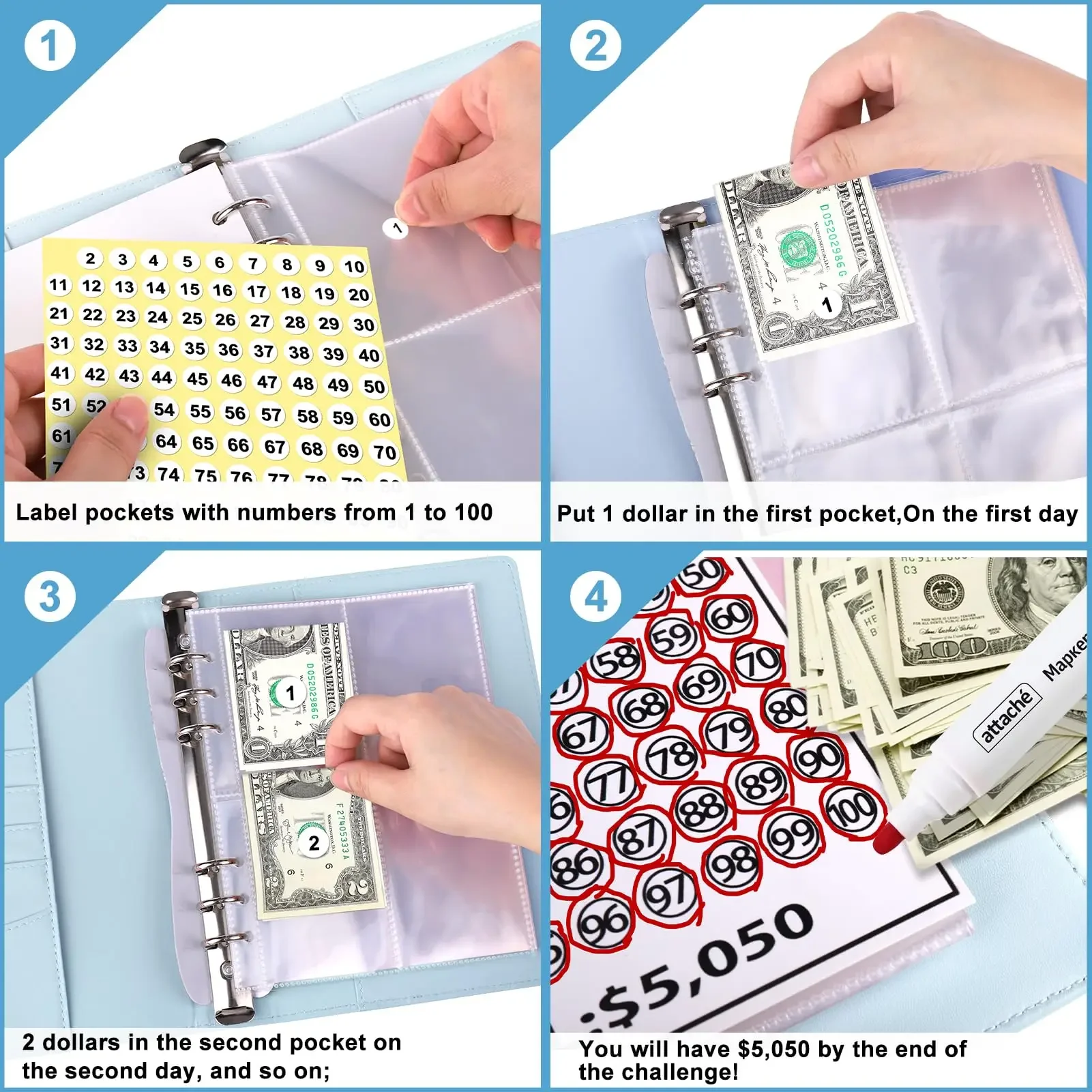 100 busta Challenge Binder saving Challenges Binder Budget Cash buste modo facile e divertente per risparmiare $5,050