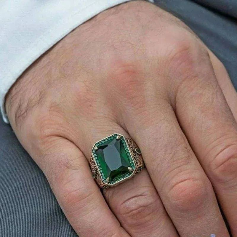 الموضة الرجعية نمط العرقية الملمس مطعمة الأحمر الأزرق الأخضر الزركون بنين حلقة الأعمال عادية