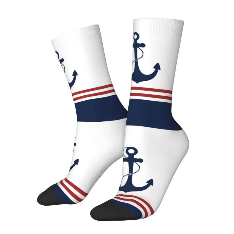 Custom Nautical Navy Blue Anchor With Stripes Mens Crew Socks Unisex Fun Sailing Sailor Spring Summer Autumn Winter Dress Socks