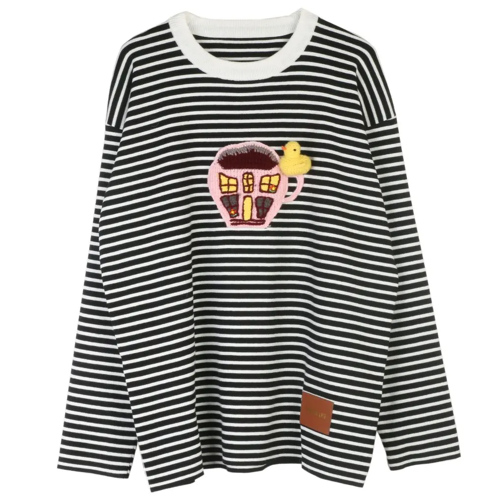 

Korean Style Casual Knitted Sweater Round Neck Striped Loose Versatile Sweet Cute Long Sleeve Knitwear for Autumn Winter