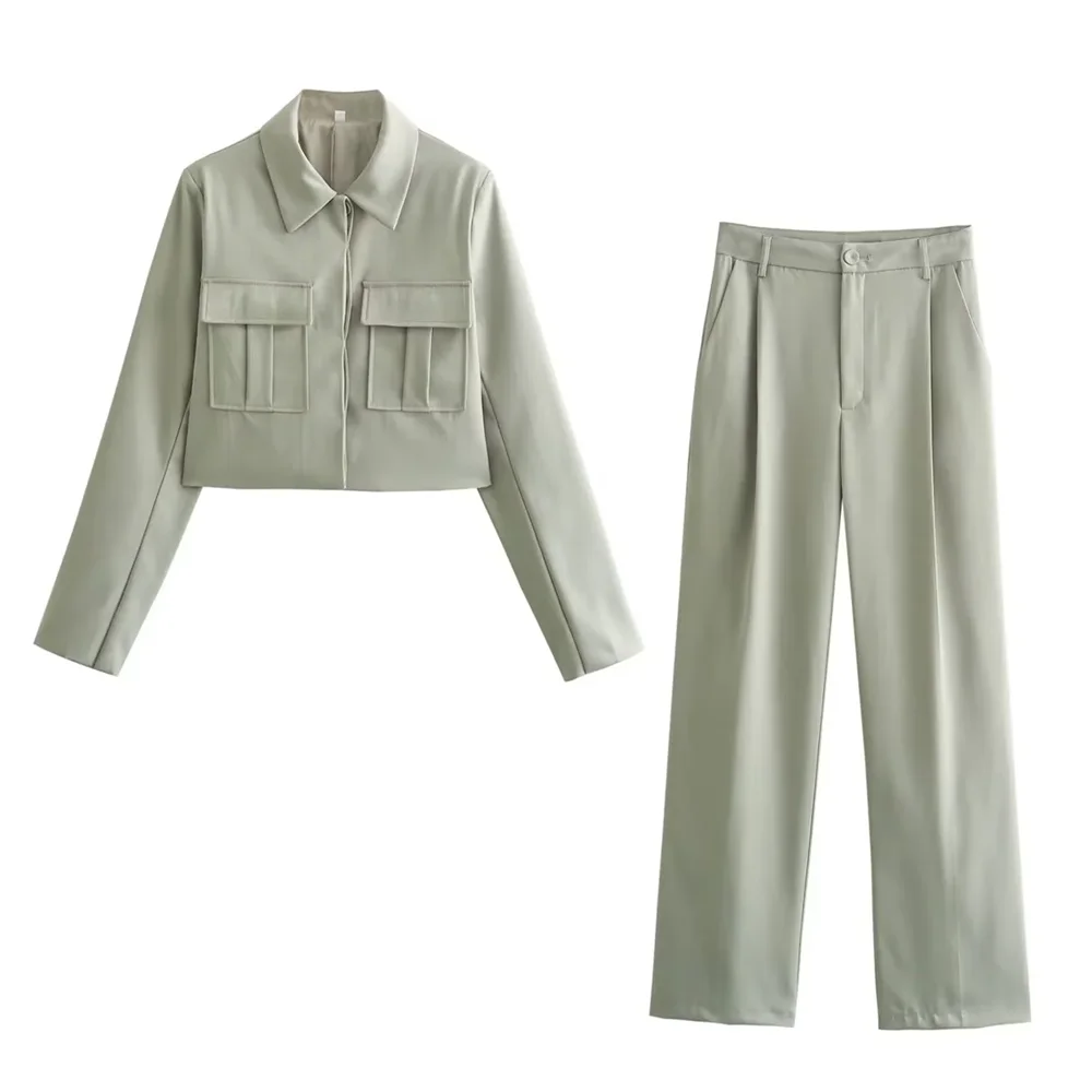 Kar&Otza 2024 Spring New Women\'s Loose Casual Pocket Decoration Short Jacket Coat High Waist Straight Leg Pants Set
