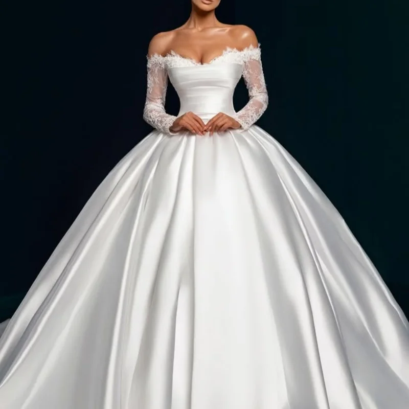 Simple White Appliques Wedding Dresses flower decal glitter puff skirt Big tail long sleeves Gowns Made wedding dress