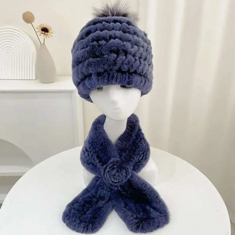 Real Rex Rabbit Fur Hat Scarf Sets For Women Winter Warmth Thickening Hat Fashion Elastic Fur Hat Natural Rabbit Fur Scarves