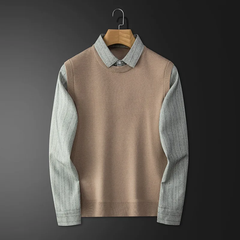 Cross border fake two men's sweaters, base men's shirt collar, 2024 spring and autumn new casual high-end knitted sweater for me