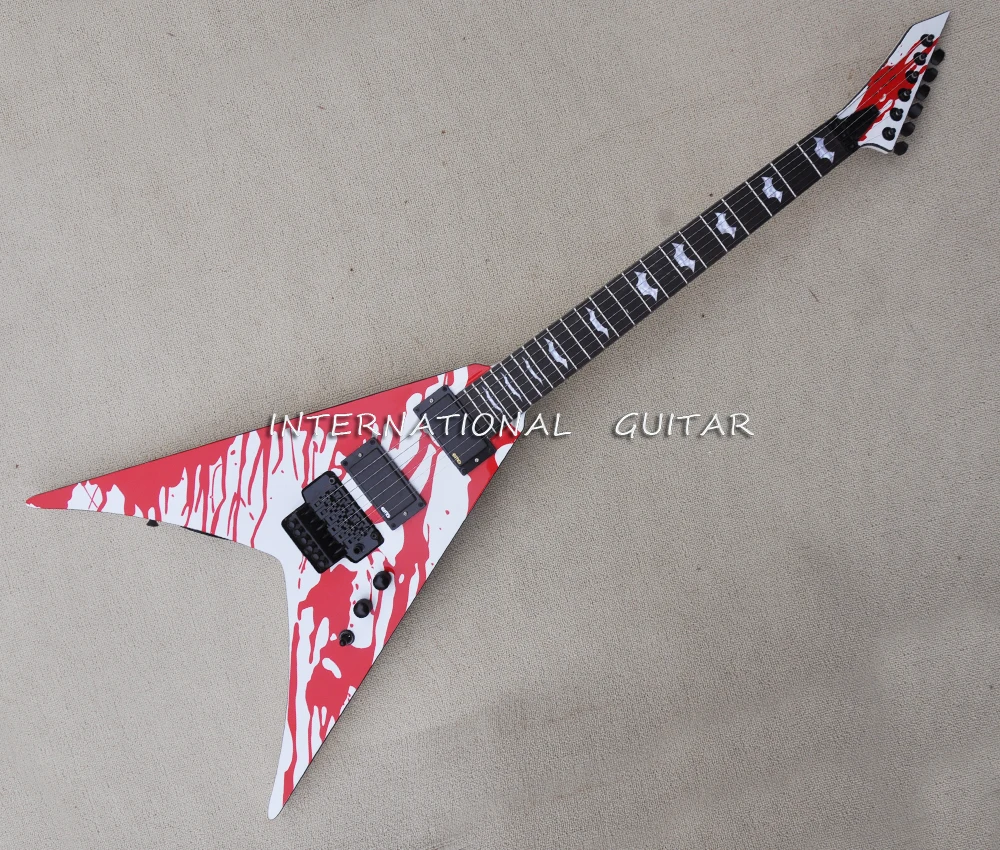 Guitarra eléctrica Floyd blanca de 6 cuerdas con patrón de sangre, diapasón de palisandro, 24 trastes, personalizable