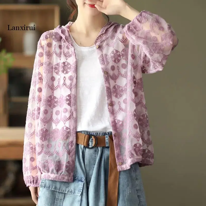 

Lace hoodie women's large size 2022 summer new hollow embroidery beach vacation thin section lantern sleeve sunscreen cardigan
