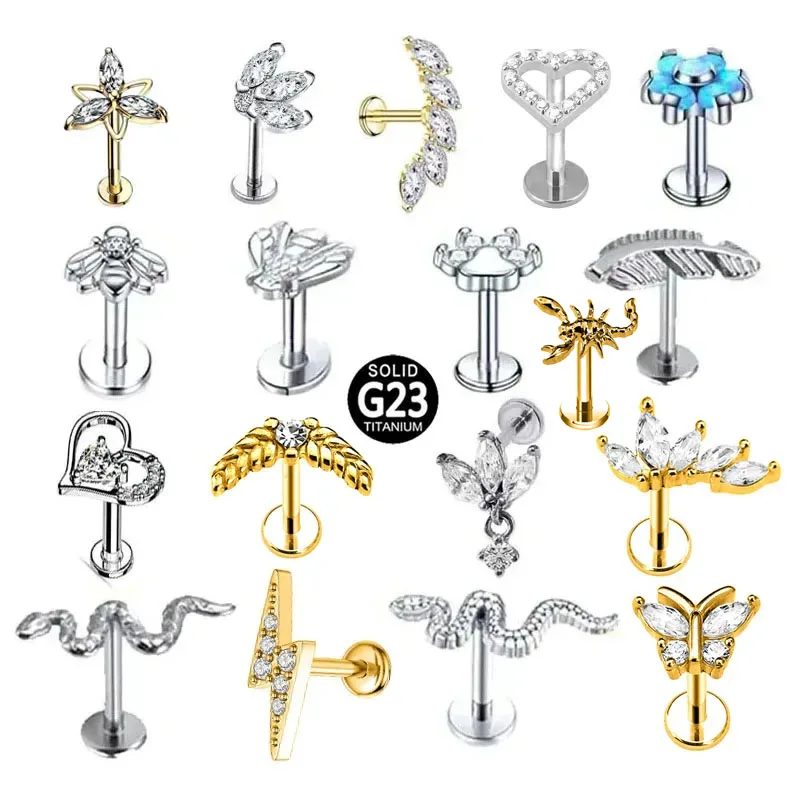 ASTM F136 G23 tytanowy wąż pszczoła motyl Labret stadnina kwiat spadek Daith kolczyk błyskawica serce gwint wewnętrzny Piercing 16G