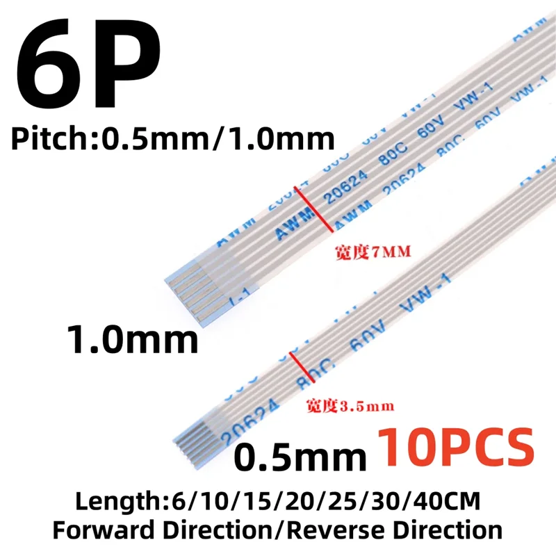 10pcs Fpc Ffc Ribbon Flexible Flat Cable 6 Pin Pitch 0.5mm 1.0mm Awm 20624 80c 60v Length 6/10/15/20/25/30/40 Forward Reverse