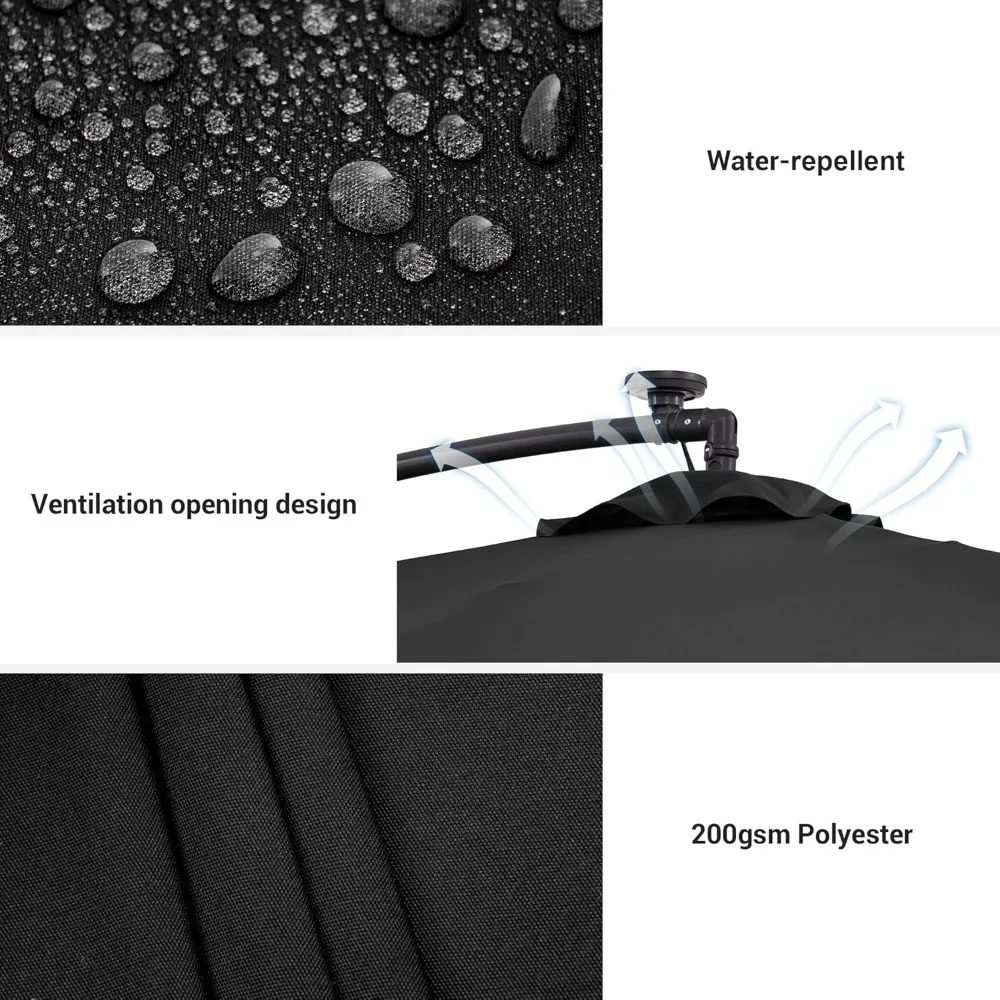 مظلة فناء بإزاحة LED تعمل بالطاقة الشمسية بطول 8.2 × 8.2 قدم، مظلة ناتئة مضاءة 32 مصباحًا مع مظلات معلقة بقاعدة إمالة ومتقاطعة للحديقة #3