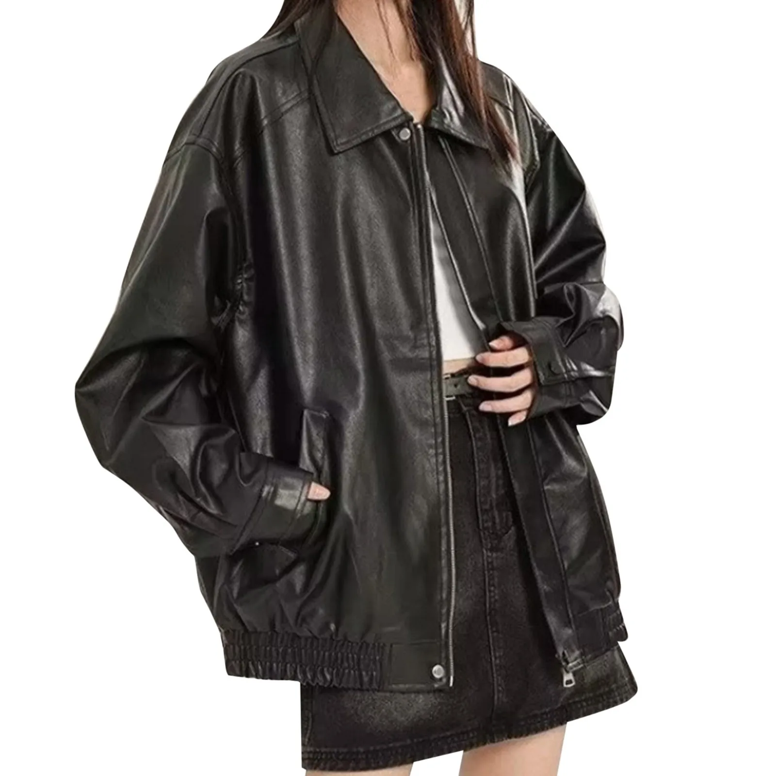 Women\'s Faux Leather Jacket Fashion Vintage Zip Up Moto Coats Streetwear American Style Retro Baggy Oversized Outwear Clothing