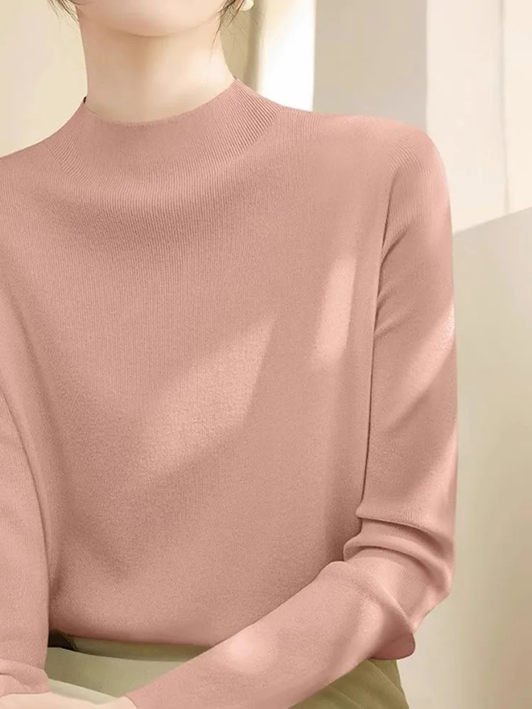 Damska dzianinowa bluzka Ele Color, długi rękaw, okrągły dekolt, dopasowany krój, bazowa warstwa, odzież wewnętrzna, modna, koreańska, elegancka.