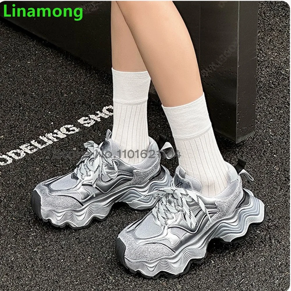 Thick Sole Strange Heel Sneakers For Female Women Lace-up 2024 Sport Shoes Round Toe Breathable Heightened Mixed-colors Shoes