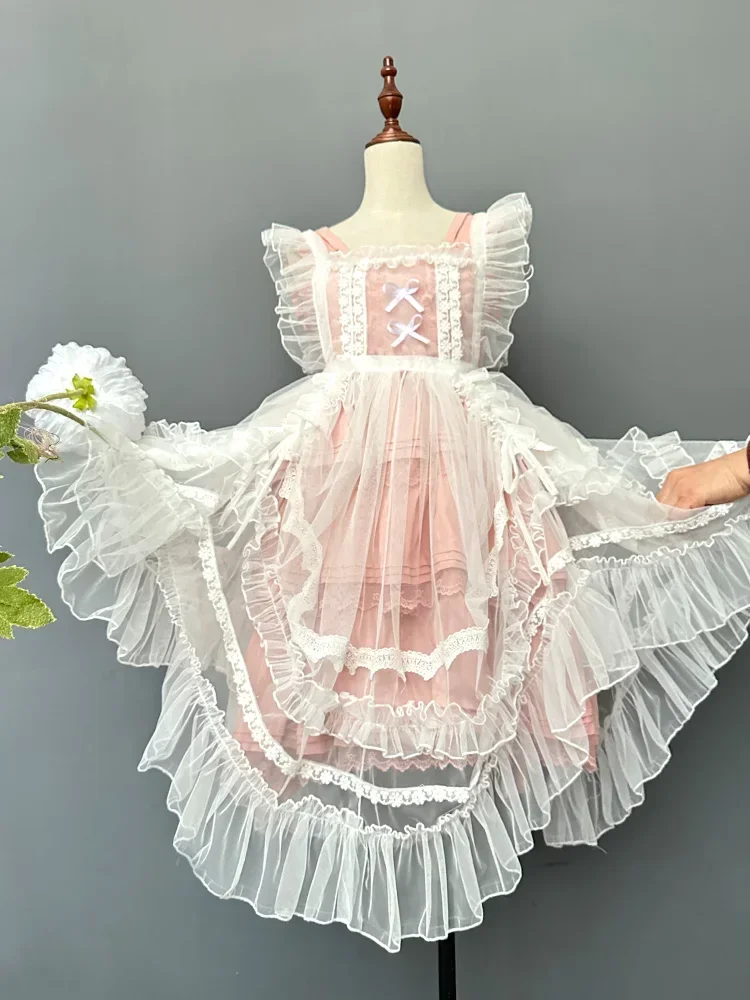 Vestido con volantes de malla de encaje transparente para mujer, delantal Lolita dulce para niña, vestido Kawaii sin mangas con correa, vestidos de hada para mujer, Verano