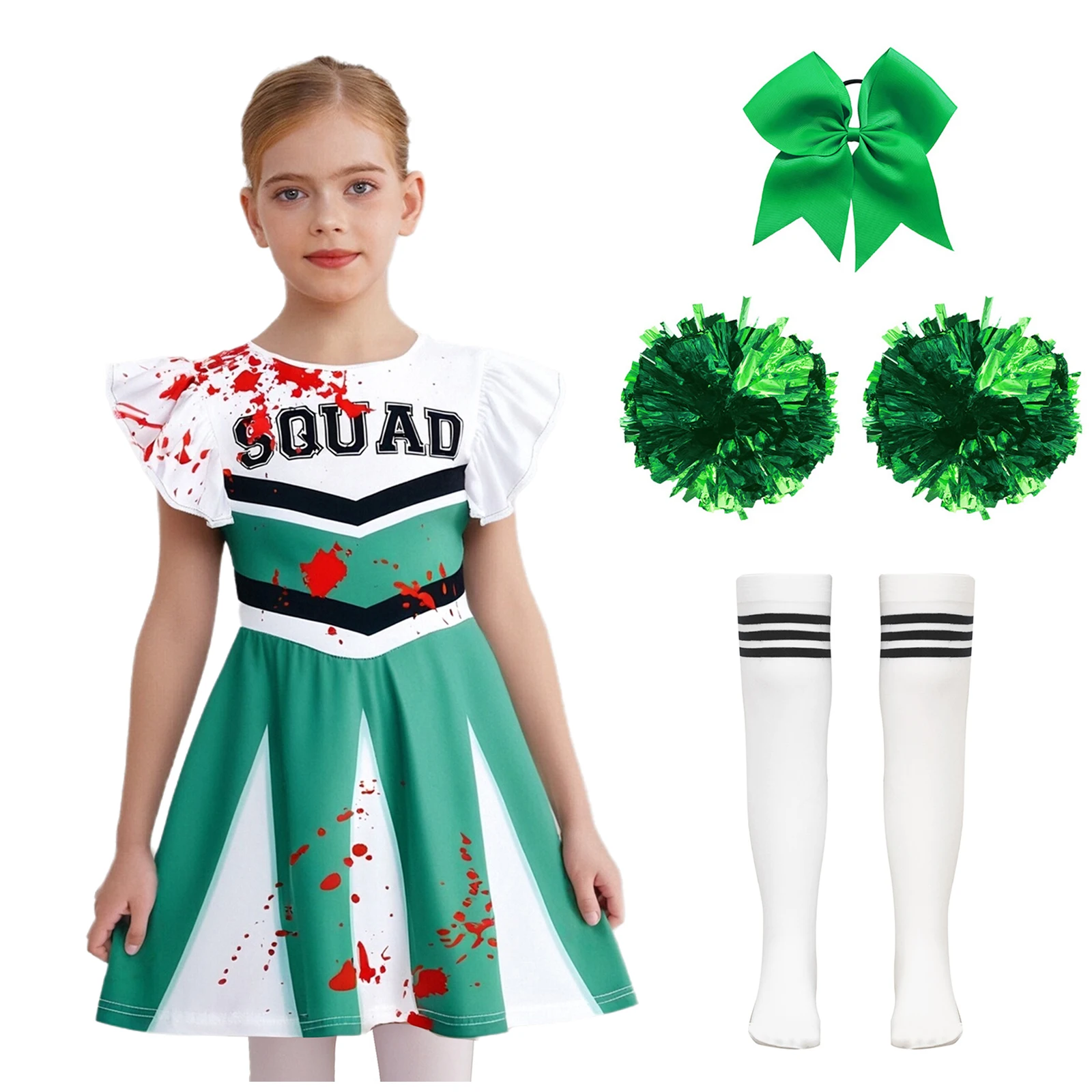 

Kids Girls Vibrant Cheer Dress Printed A Line Cheerleader Dress And Matching Socks Hair Tie Cheerleading Dance Costume Set