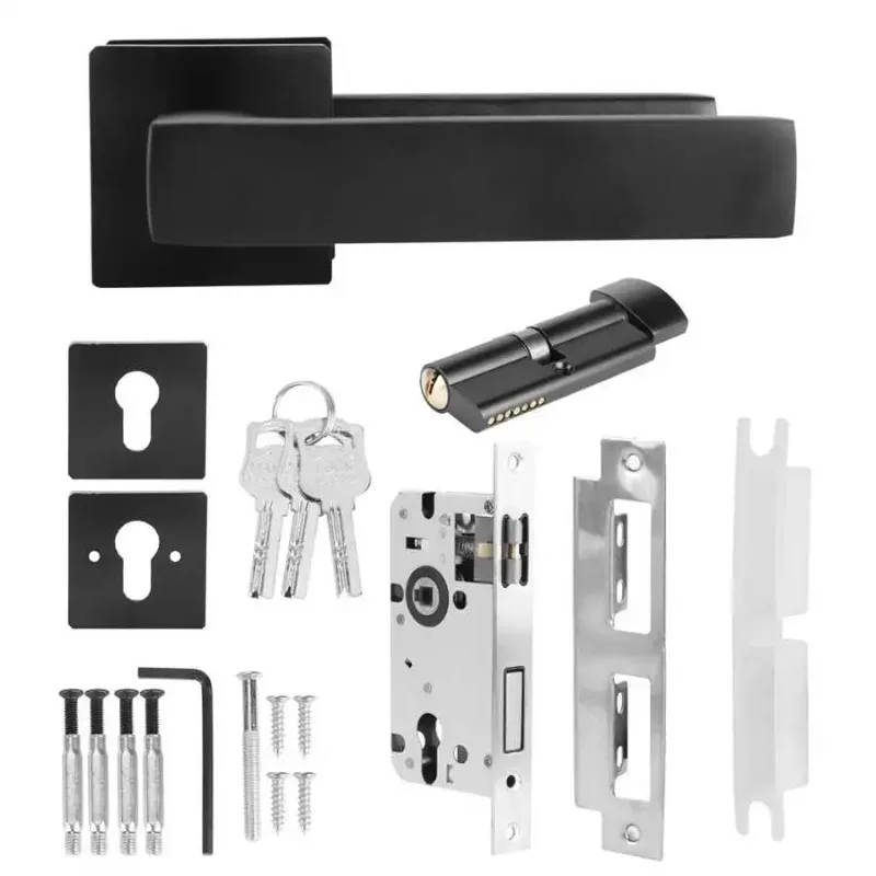 Simple Black Door Lock Cylinder Lever Handle Set Adjustable Left Right Home Security Bedroom Living Room Mute Door Handle Lock