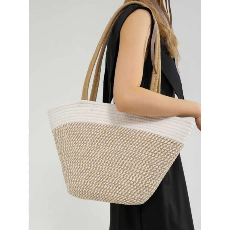 

Foufurieux Women Knitting Tote Handbag Large Capacity Crochet Casual Handbag Contrast Color Simple Carring Bag Female Summer Bag