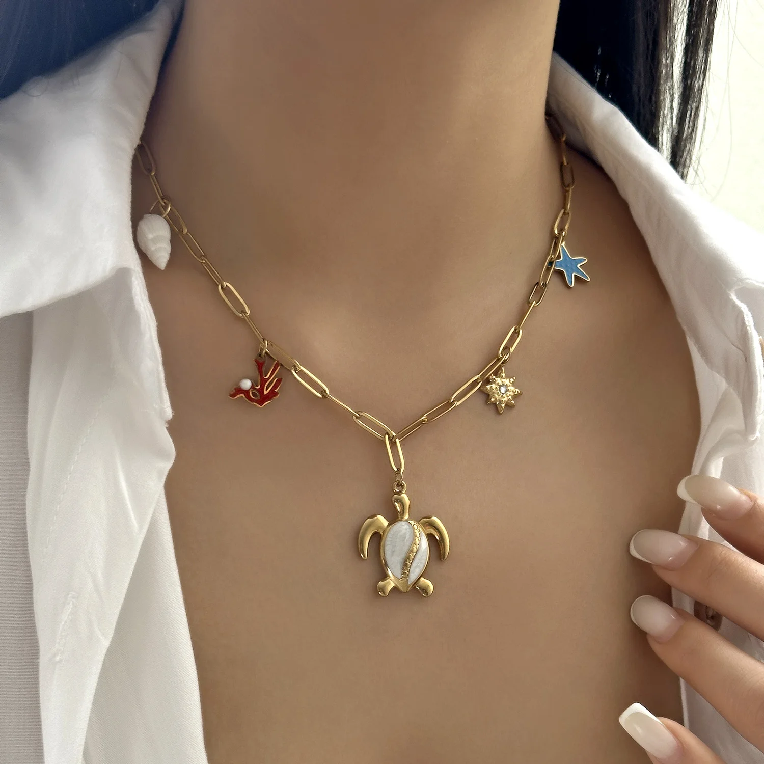 Mode Edelstahl Metall Conch Halsketten für Frauen Nette Shell Quaste Keramik Fisch Halsketten Party Täglichen Schmuck Geschenke – Detail 9