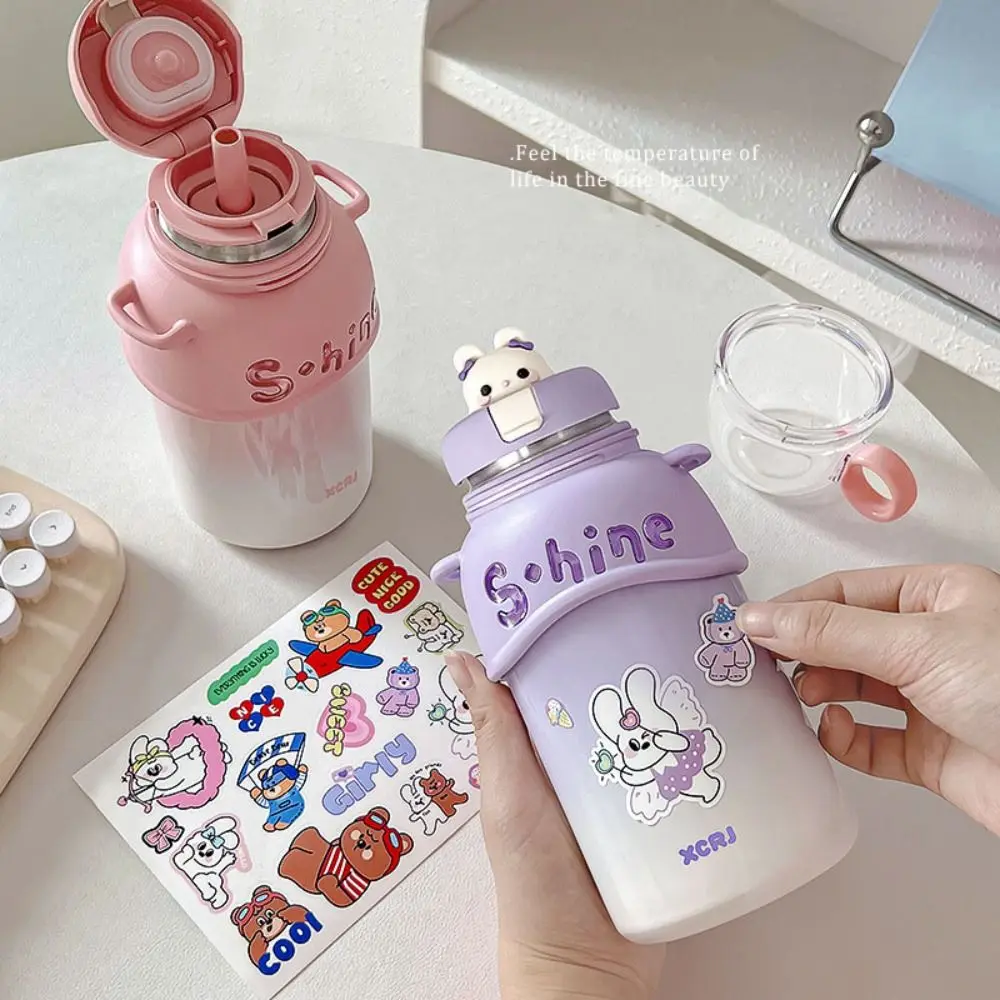 500ML Cartoon Bears Thermos Cup 316 Stainless Steel Three Modes Thermal Water Bottle With Lifting Rope Gift Direct Drinking Cup