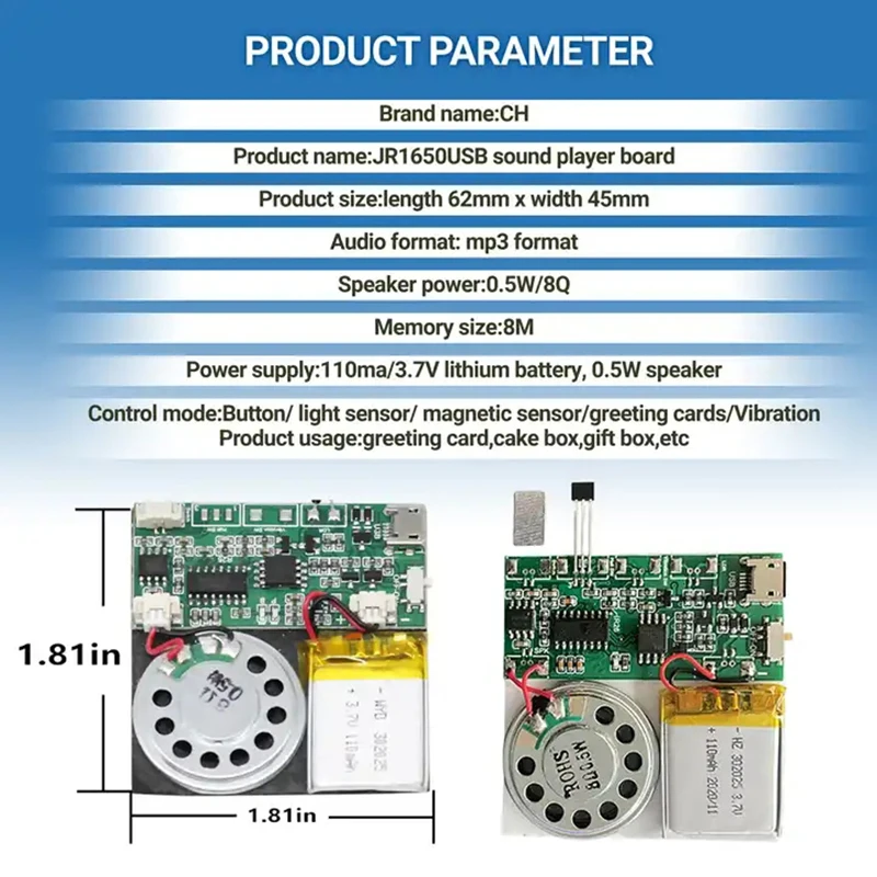 Lettore musicale MP3 USB ricaricabile programmabile da 8M con modulo vocale Mini modulo Chip audio con sensore di luce per biglietti di auguri