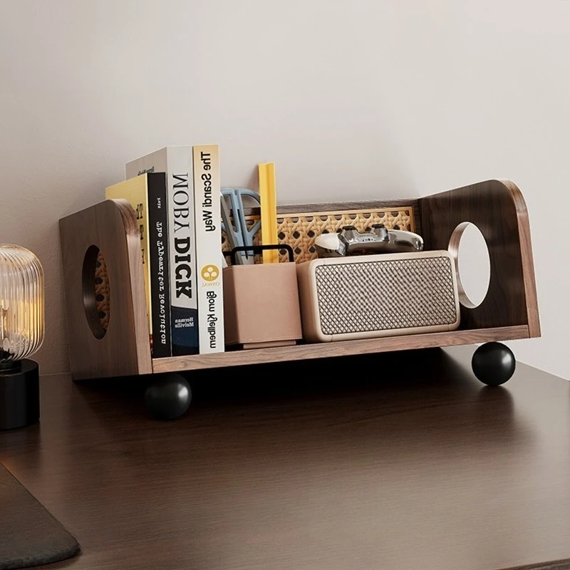 

Solid wood table bookshelf Original black walnut retro rattan desktop shelf Office bookshelf