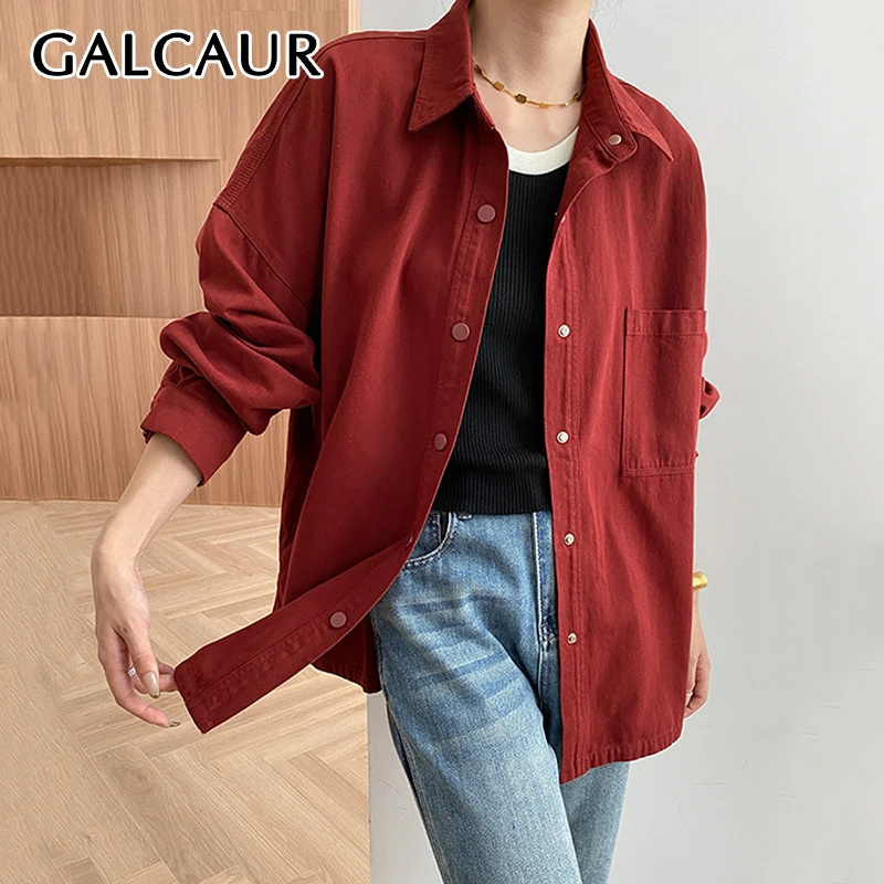 

GALCAUR Solid Spliced Pocket Casual Blouses For Women Lapel Long Sleeve Patchwork Single Breasted Basics Shirts Female Clothing