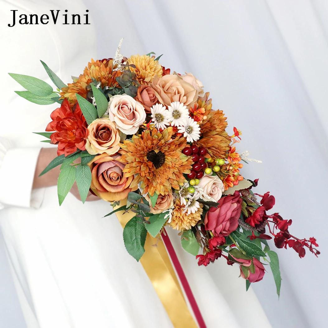 JaneVini Artificial Sunflower Cascading Bridal Bouquet Burnt Orange European Style Waterfall Bride Wedding Bouquet Hand Flowers