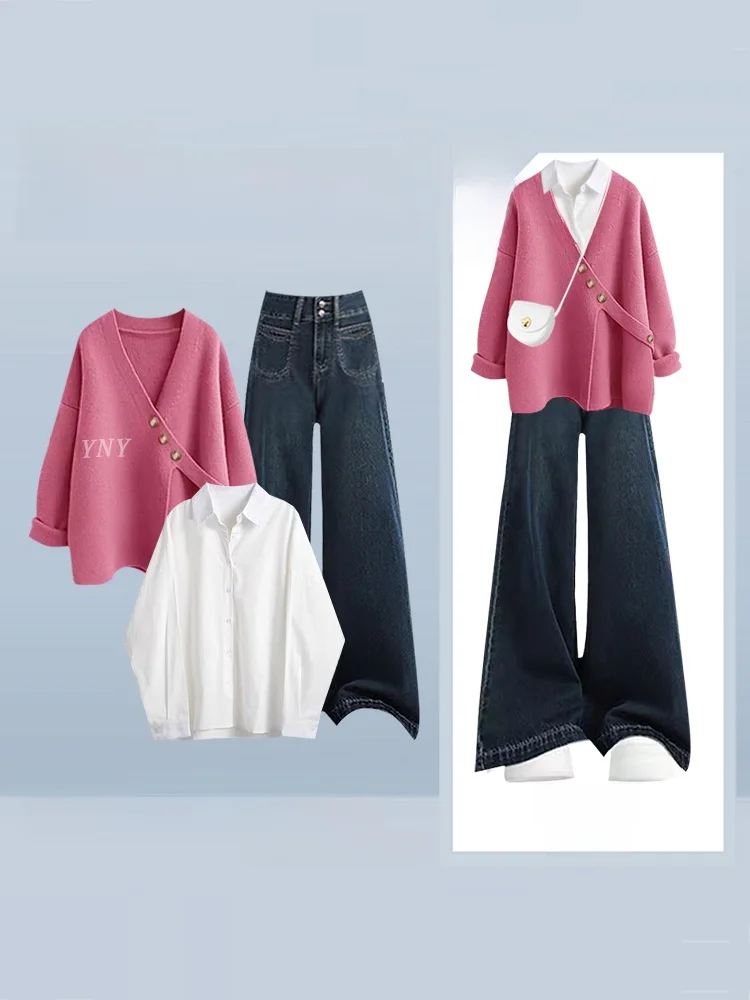 

Soft Cozy Women's Sweater Jaet Denim Wide Leg Pants Tee Piece Set Autumn Faion Ensemble High Waist Long Sve High Ne