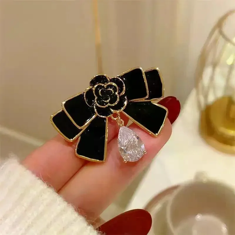 Camellia Bow Brooch Black Oil-drip Metal Mourning Corsage Pin French Elegant Bag Clothes Scarf Accessory Brooch Suit Pin Buttons