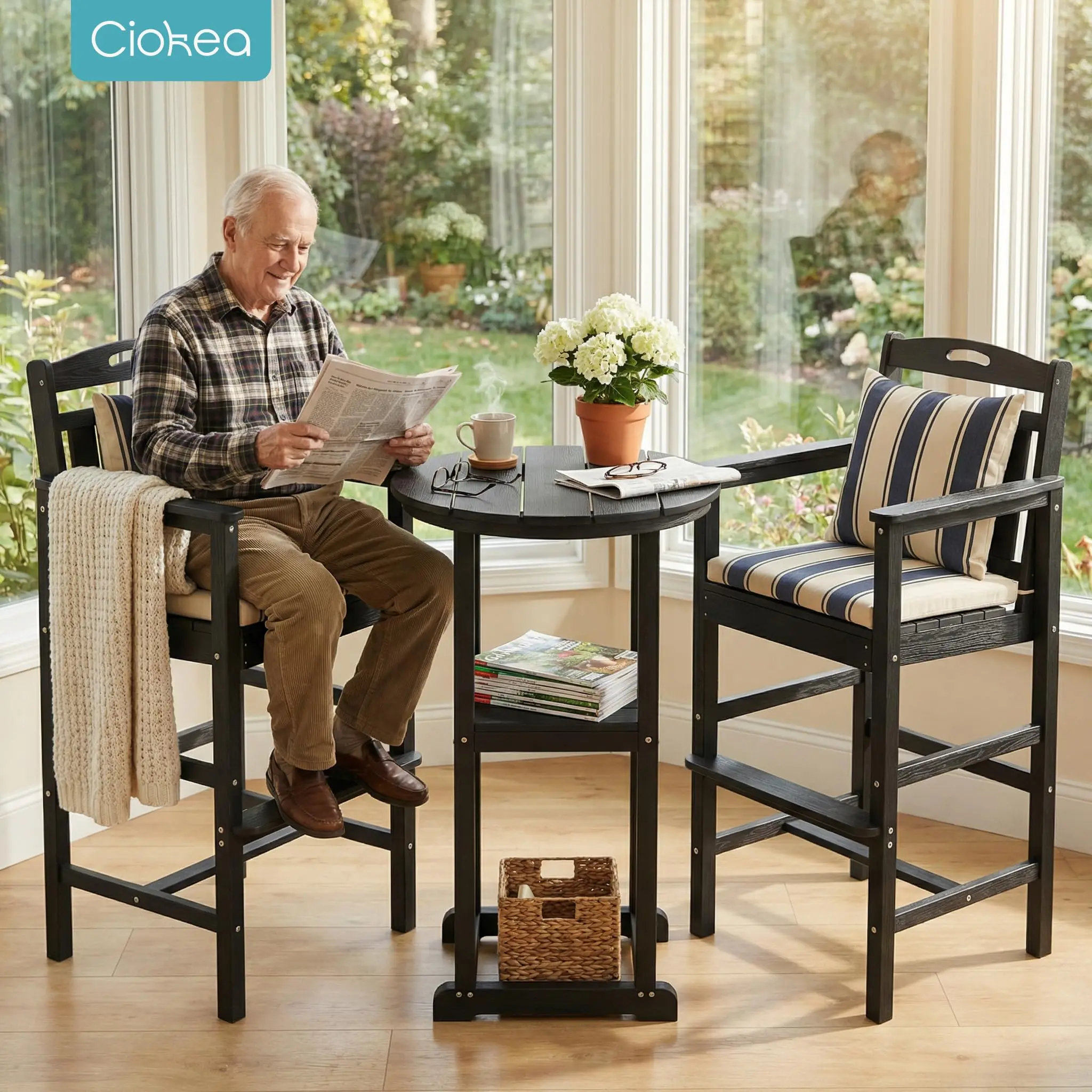 Outdoor High Top Bar Set of 3, Space-Saving Bistro Table and Chairs, All-Weather Small Bar Set with Storage Shelf