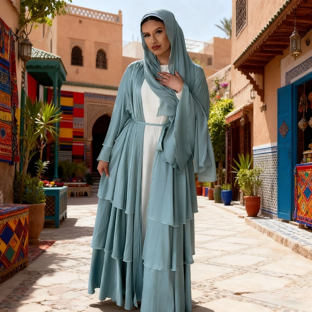 イード・アバヤ 女性用ムスリム・ジャラビーヤ サテン・ラマダン・ローブ・ケーキドレス 2026 ラマダン・カフタン・パーティー・ロングドレス・ベスティード・ラルゴ・カーディガン