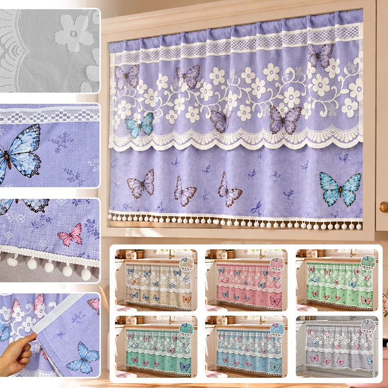Rose Butterfly Lace Pattern Pom Pom Tassel Curtain No Drill Self-Adhesive Cabinet Curtain Blackout Drape for Kitchen Bookcase