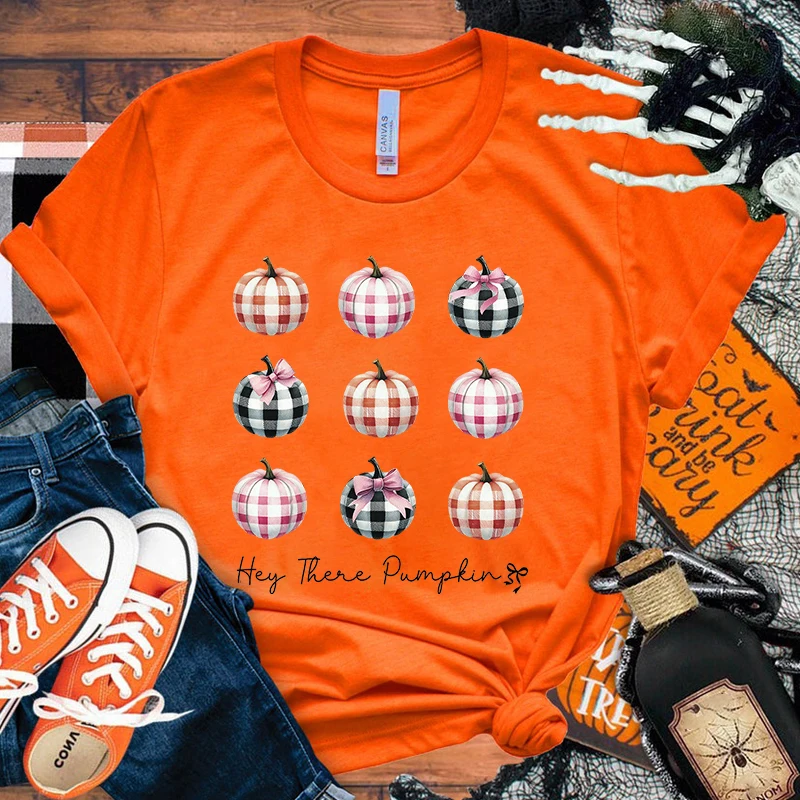 

Funny Hey There Pumpkin Letter Printed T-Shirts For Women Summer Short Sleeve Round Neck Cute Hey There Pumpkin Loose T-Shirt