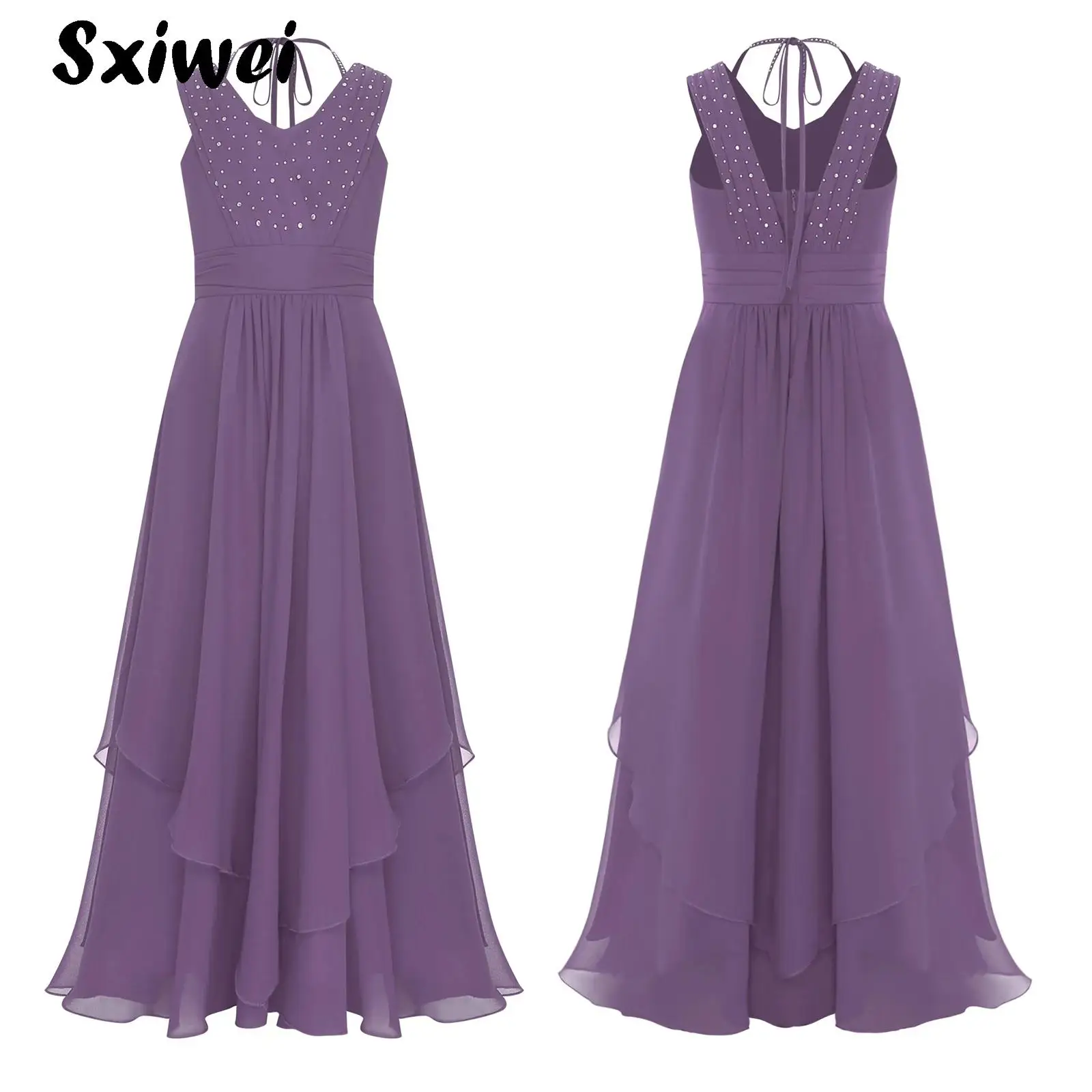 

Flower Girl Dresses Chiffon A-line Skirt Pleated Rhinestone Sleeveless For Wedding Birthday Formal Party First Communion Gowns