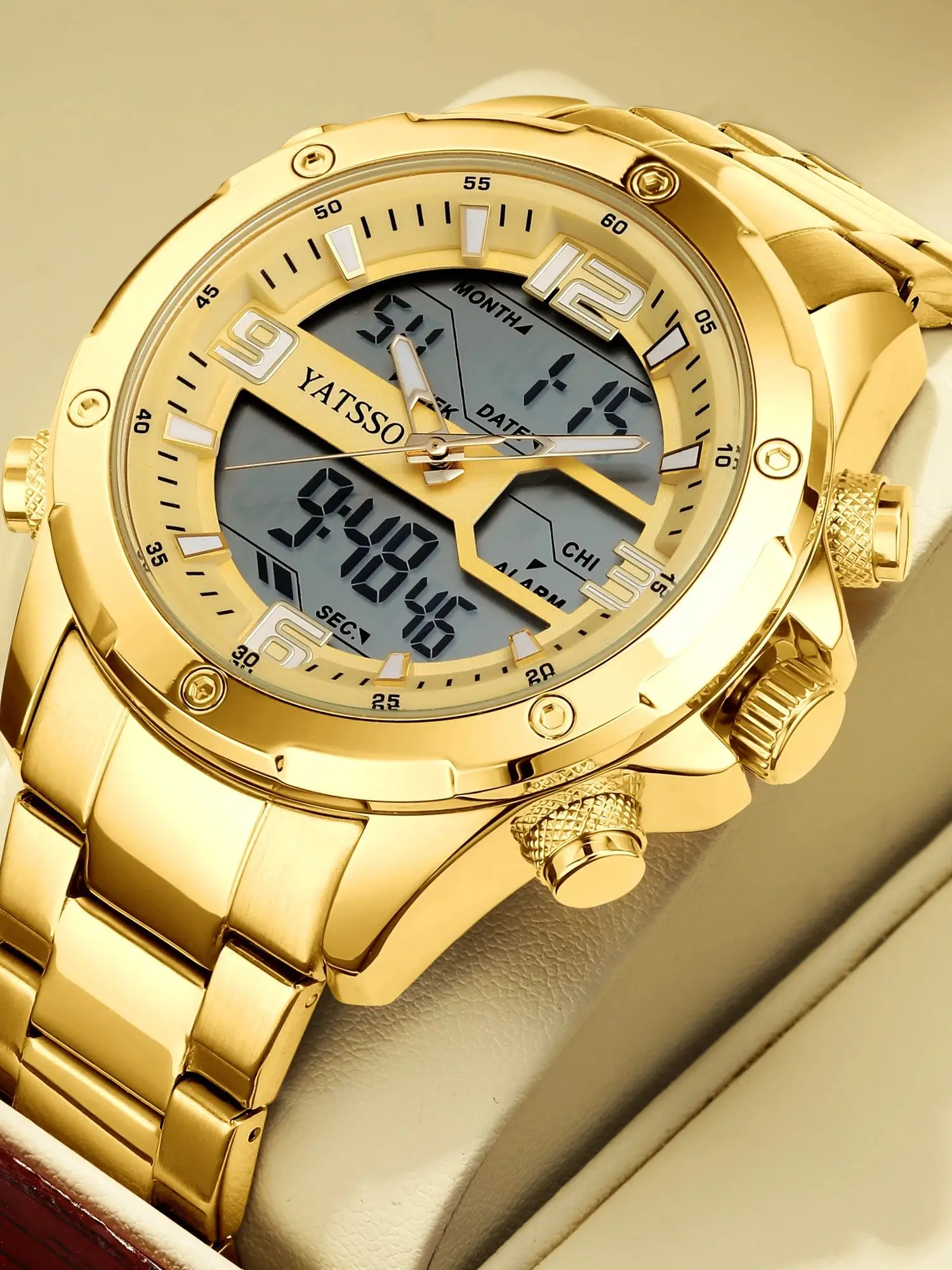 Montre hybride pour hommes – Boîtier en alliage de 45 mm, bracelet en acier, double mouvement, quartz + numérique avec aiguilles lumineuses, alarme, affichage de la date, eau 5ATM R