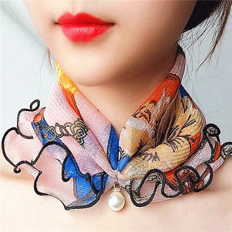 Spring Summer Chiffon Neck Collar Scarf Women Head Thin Sunscreen Variety Small Silk Anti-UV Scarf Mask Multi-Function Scarf