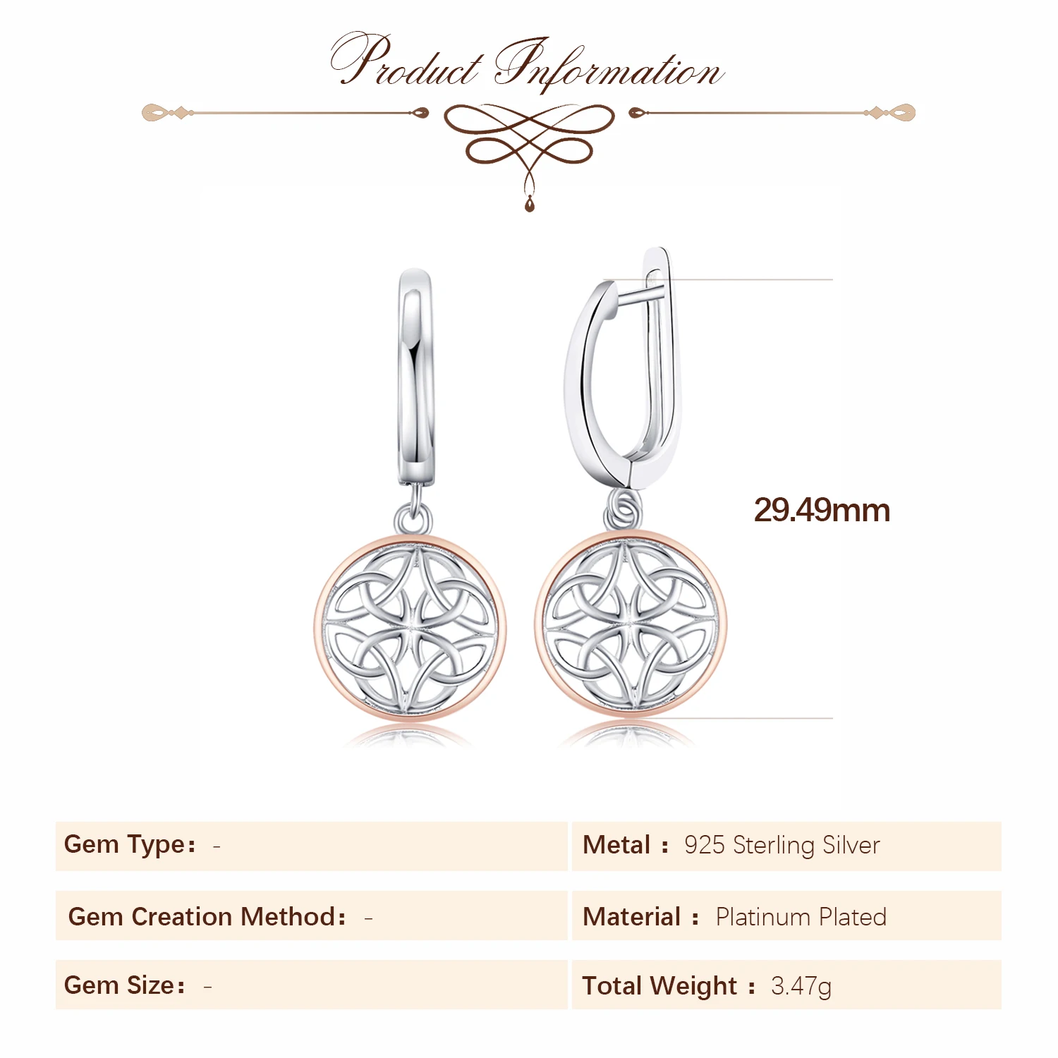 Potiy Celtic Knot 14k Rose Gold 925 Sterling Silver Dangle Drop Earrings For Girls Fashion Party Gift For Her 925 Sterling Silve