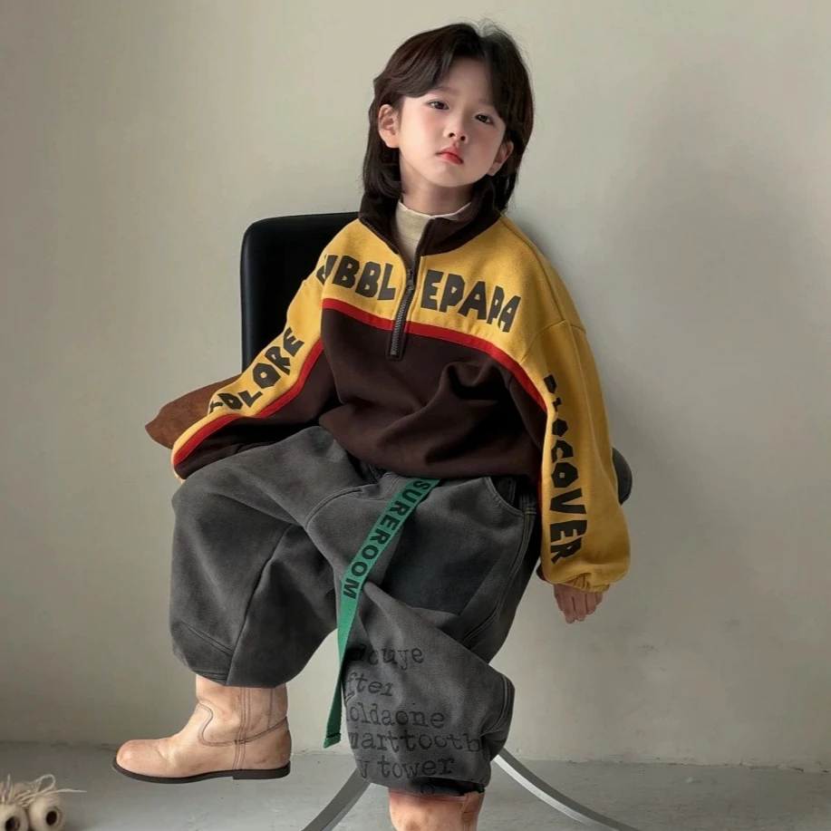 Children Coat 2026 Autumn New Korean Retro Boy Color Matching Zipper Coat Plus Velvet Stand-up Outerwear