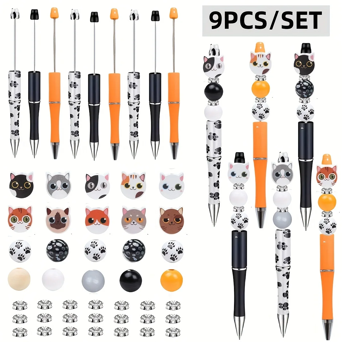 9-teiliges Kugelschreiber-Set mit Katzenmotiv, DIY Perlen-Kugelschreiber, Kreative Katzen-Plastikkugelschreiber, Klare Schreibweise, für Büro und Geschenke