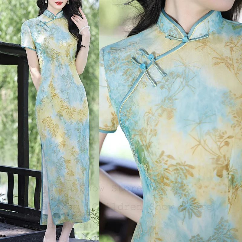 

2025 Summer New Cheongsam Women Green Print Qipao Long Elegant Banquet Party Robe Gown Sexy Chinese Style Dress Retro Vestidos