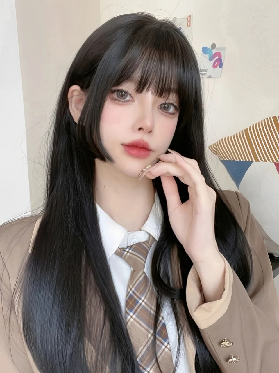 Длинные прямые парики из синтетических волос Remy, натуральный черный термостойкий волокно, полный машинный парик с челкой, парик для косплея