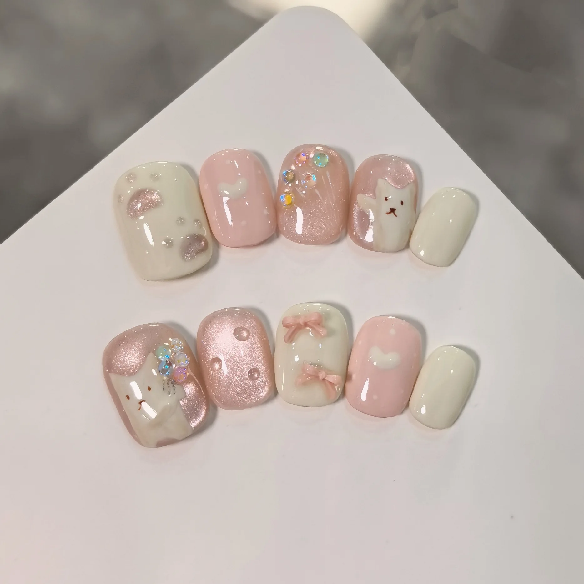 

10pcs Handmade Press-On Nails Set - Cute Cat Bow Tie Love Design Short Ballet Shape Pink Glossy Finish Nails for Women and Girls