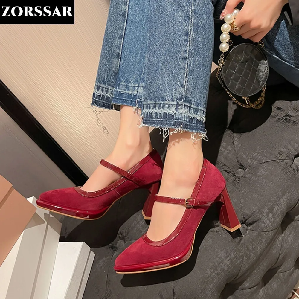 

Women's Mary Jane Shoes Kid Suede High Heels Dress Shoes Pointed Toe Buckle Wedding Shoes Red Pumps Chunky Tacones Mujer