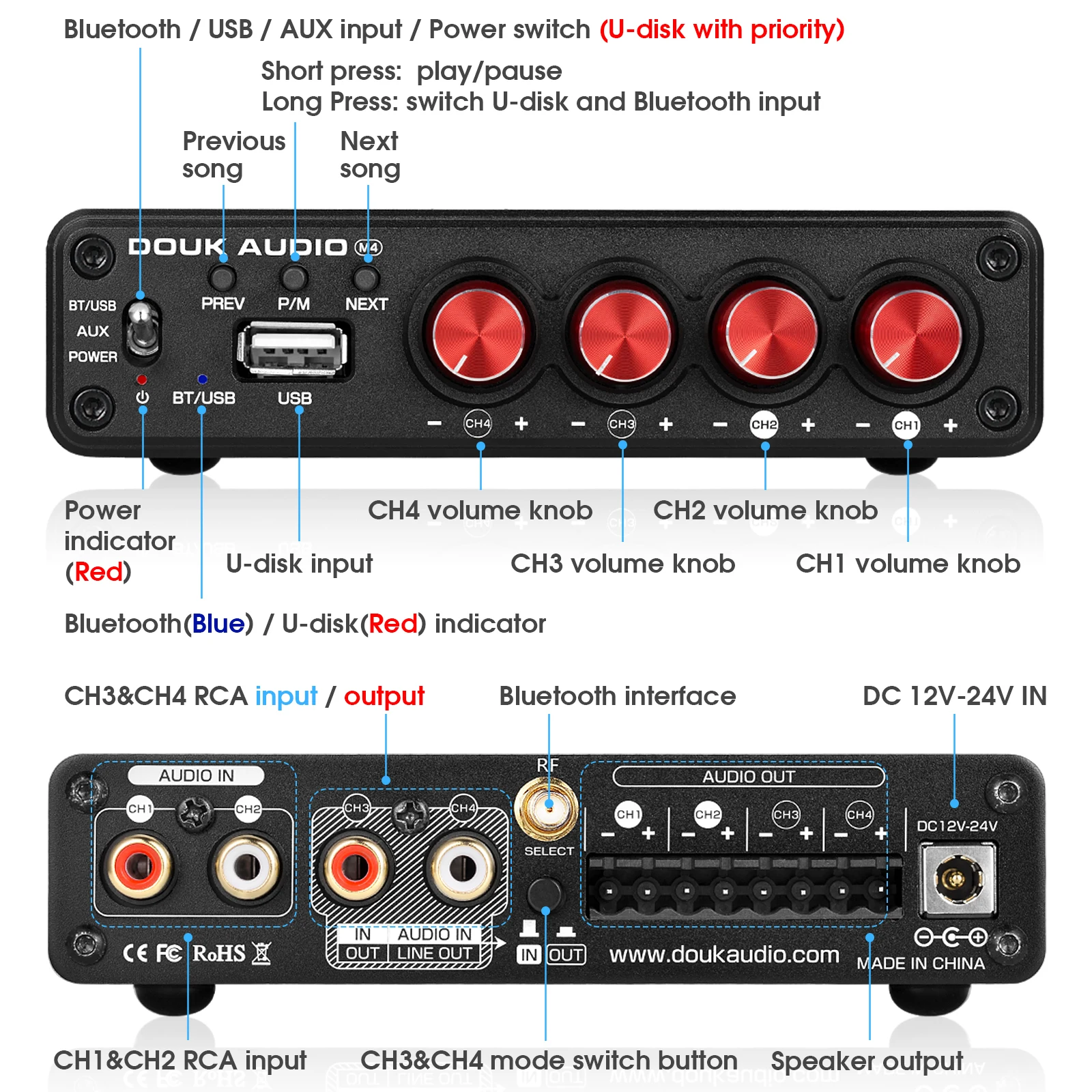 Nobsound HiFi Stereo Bluetooth 5.0 Digital Power Amplifier USB Music Player 2/4 Channel Home Multi Zone Audio Amp Receiver 50W*4