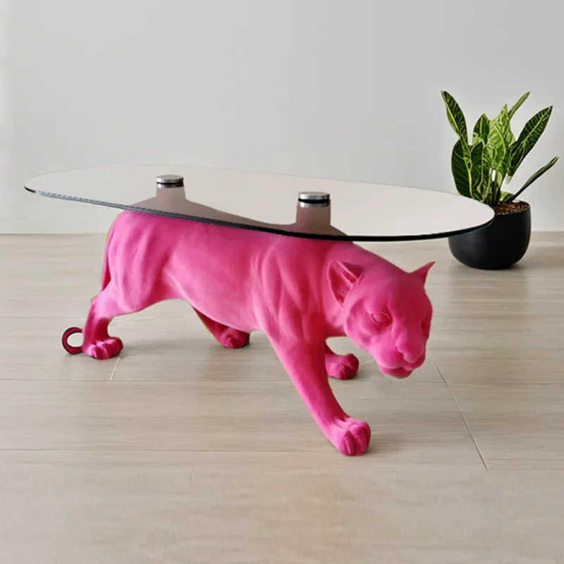Modern Pink Panther Coffee Table, Fiberglass Animal Base, Tempered Glass Top, Designer Living Room Center Table, Home Decor