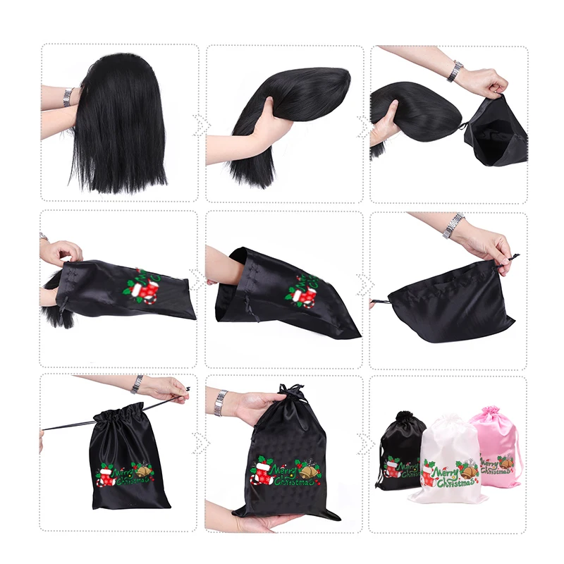 Sacos de cetim com cordão para pacotes, Peruca sacos com feliz Natal, Embalagem de cabelo, Silk Gift Bags, Travel Bags for Wigs, 2pcs