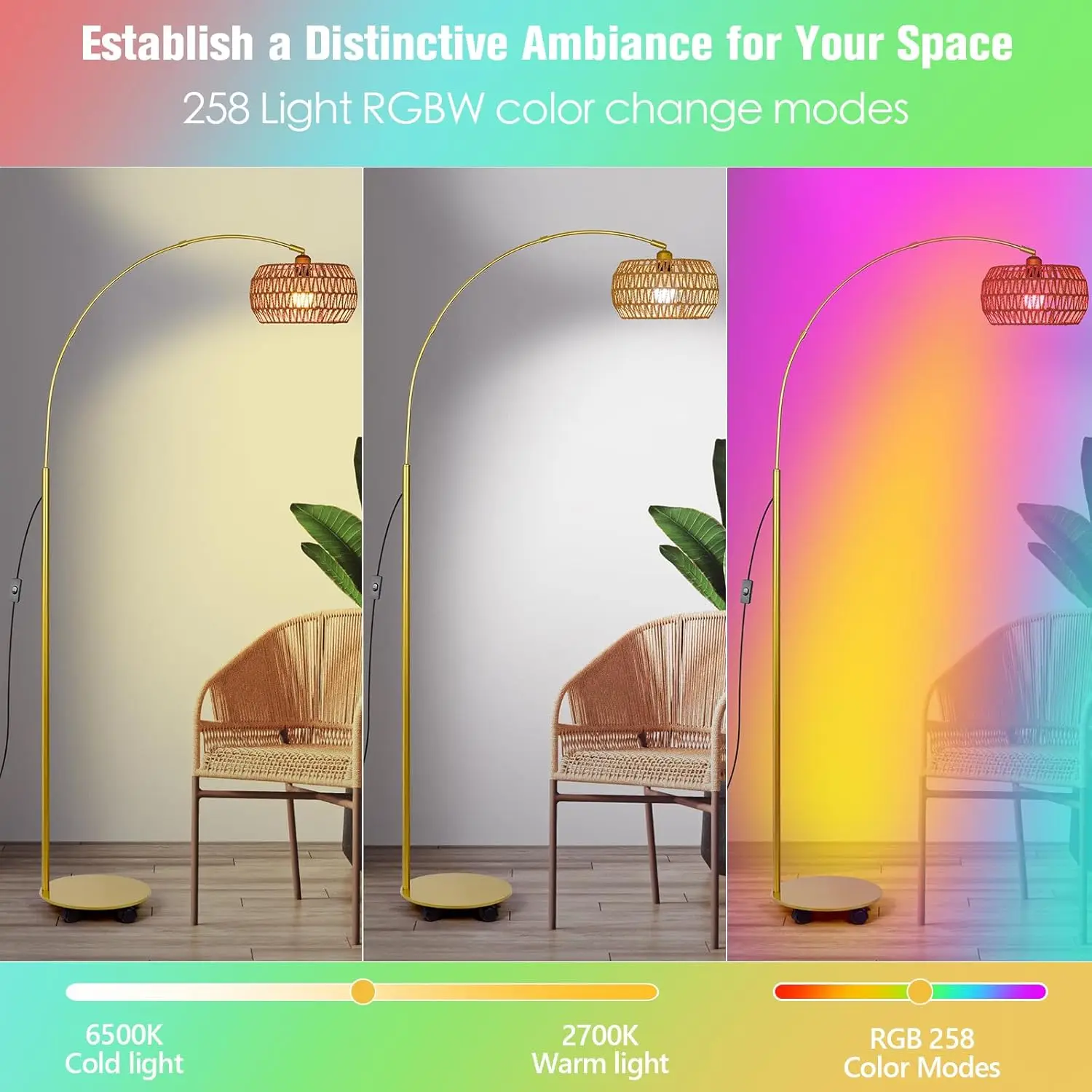 Rgb Arc Floor Lamp With 3 Color Temperatures, Dimmable Rattan Boho Standing Lamp, App And Remote Control, Modern Tall Lamp For