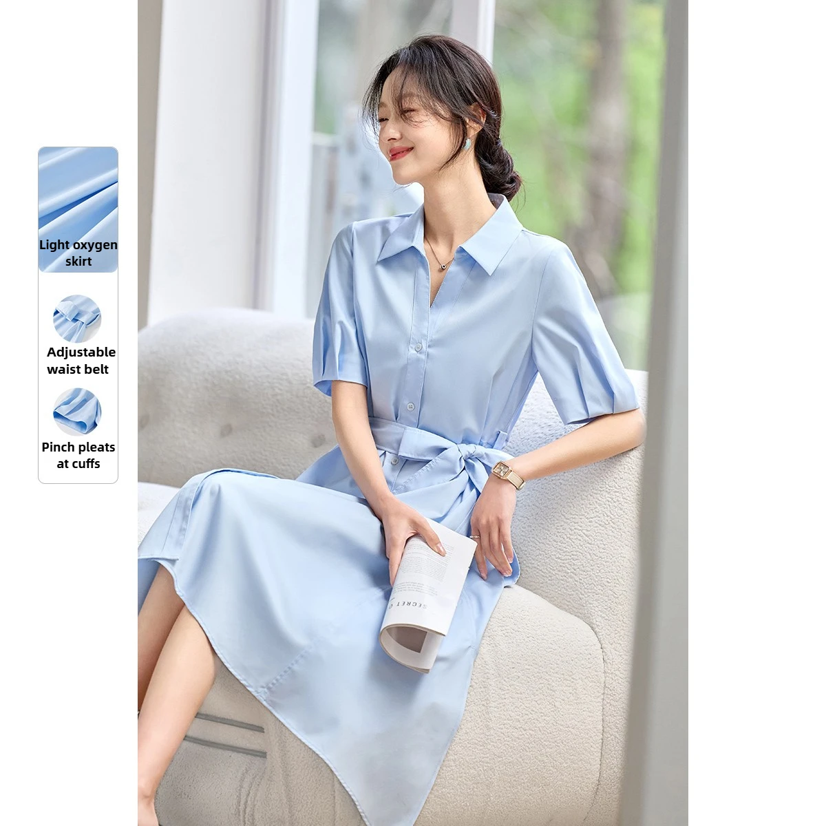 

SENTUBILA Summer Dress Woman 2025 Elegant Commute Blue Belted Pleated Female Long Dresses Short Sleeve Female Clothing 152L59189